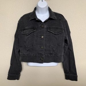 Cropped black jean jacket.